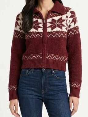 Vintage Collared Abstract Fair Isle Zip-Front Cardigan Sweater In Dark Red - S
